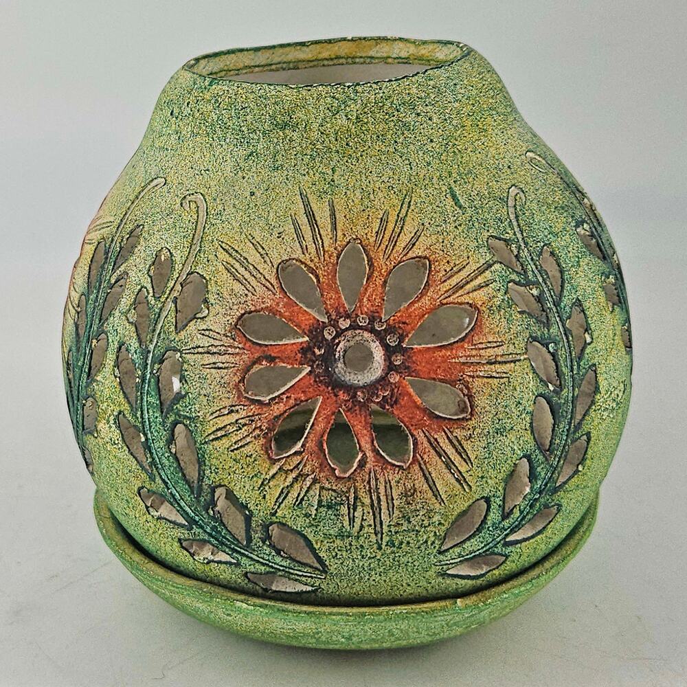 Vintage green floral ceramic tea light votive lantern luminary fairy light